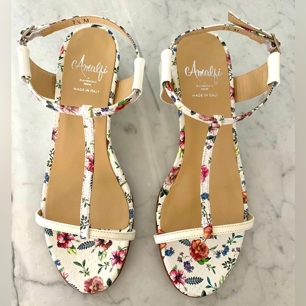 AMALFI by Rangoni Sandals White Floral Pattern Leather Made in Italy - Picture 2 of 8